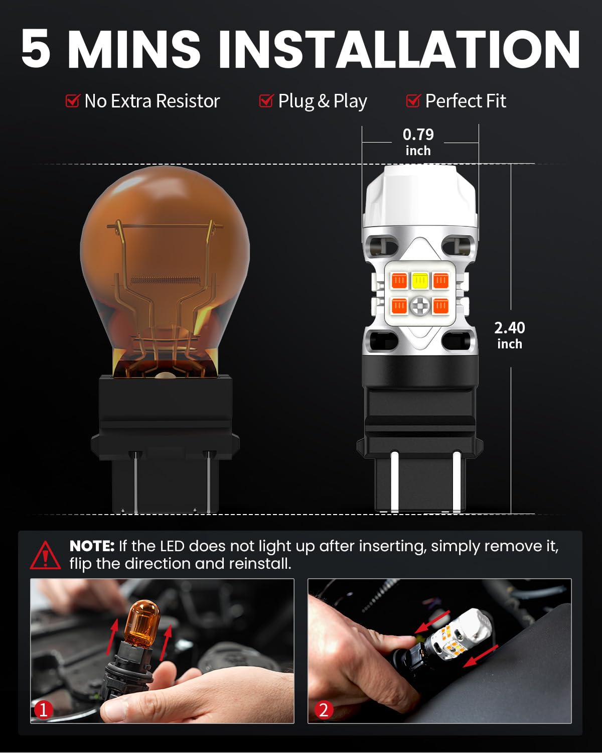 LASFIT 3157 Switchback LED Bulb, T3 3057 4157 Front Turn Signal Bulb, 3457 Built-in Resistor Anti Hyper Flash, Super Bright Amber for Turn Signal Blinker,White for DRL, Only for Standard Socket, 2Pcs - Image 5