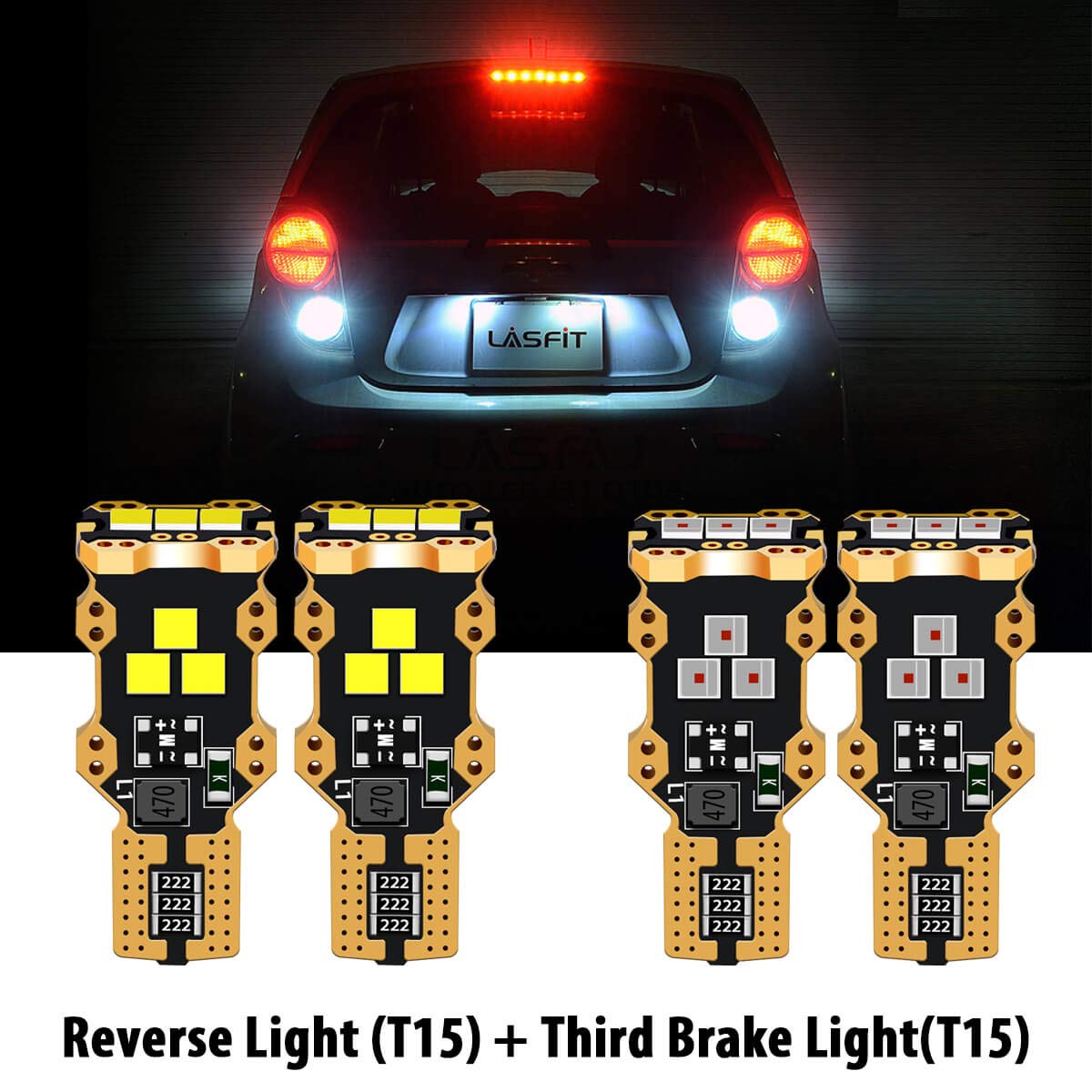 LASFIT 912 921 LED Bulb Reverse Light Backup Light White and Third Brake Bulbs Light Red Combo, T15 W16W Canbus Error Free Light，Non-Polarity, 4 PCS - Image 6
