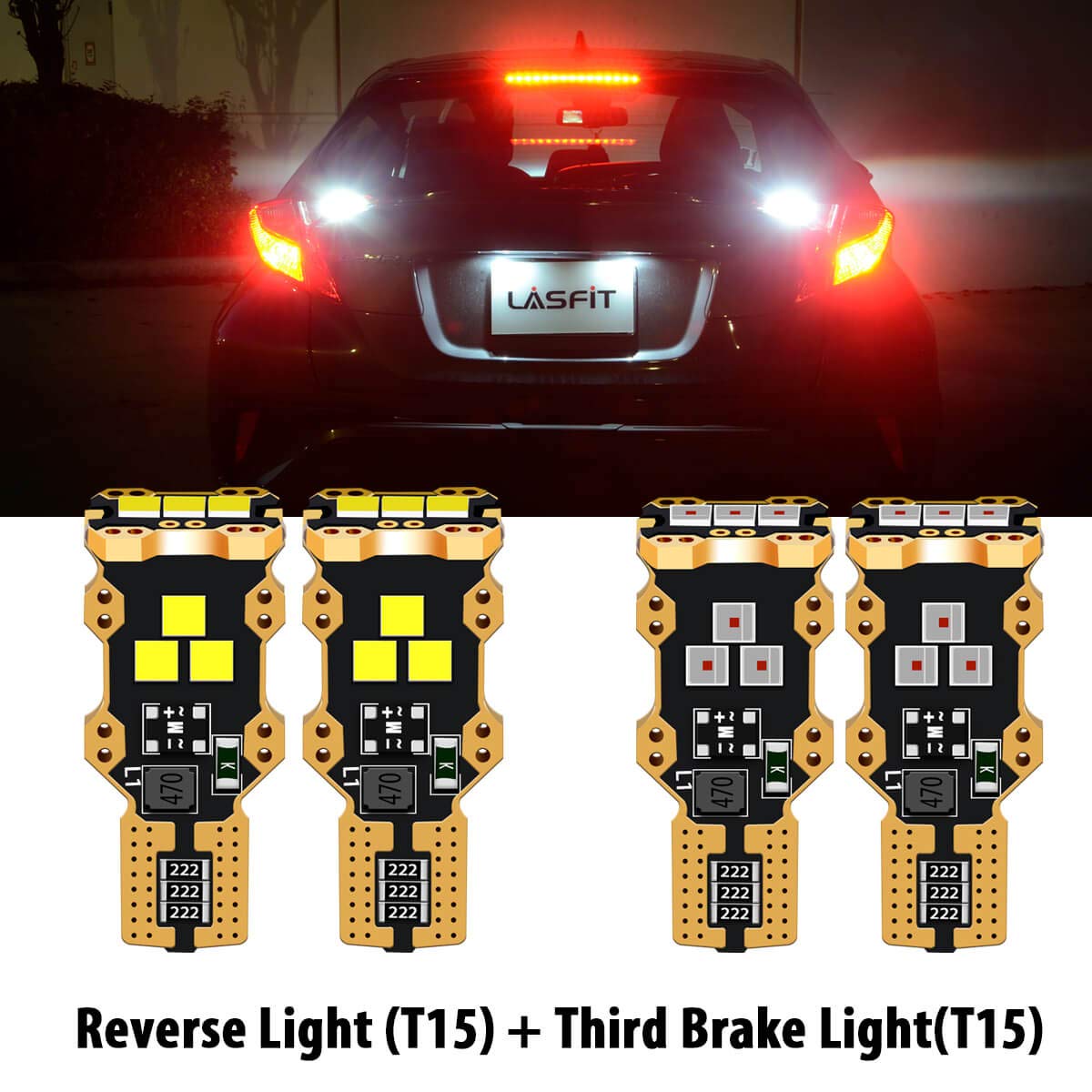 LASFIT 912 921 LED Bulb Reverse Light Backup Light White and Third Brake Bulbs Light Red Combo, T15 W16W Canbus Error Free Light，Non-Polarity, 4 PCS - Image 7