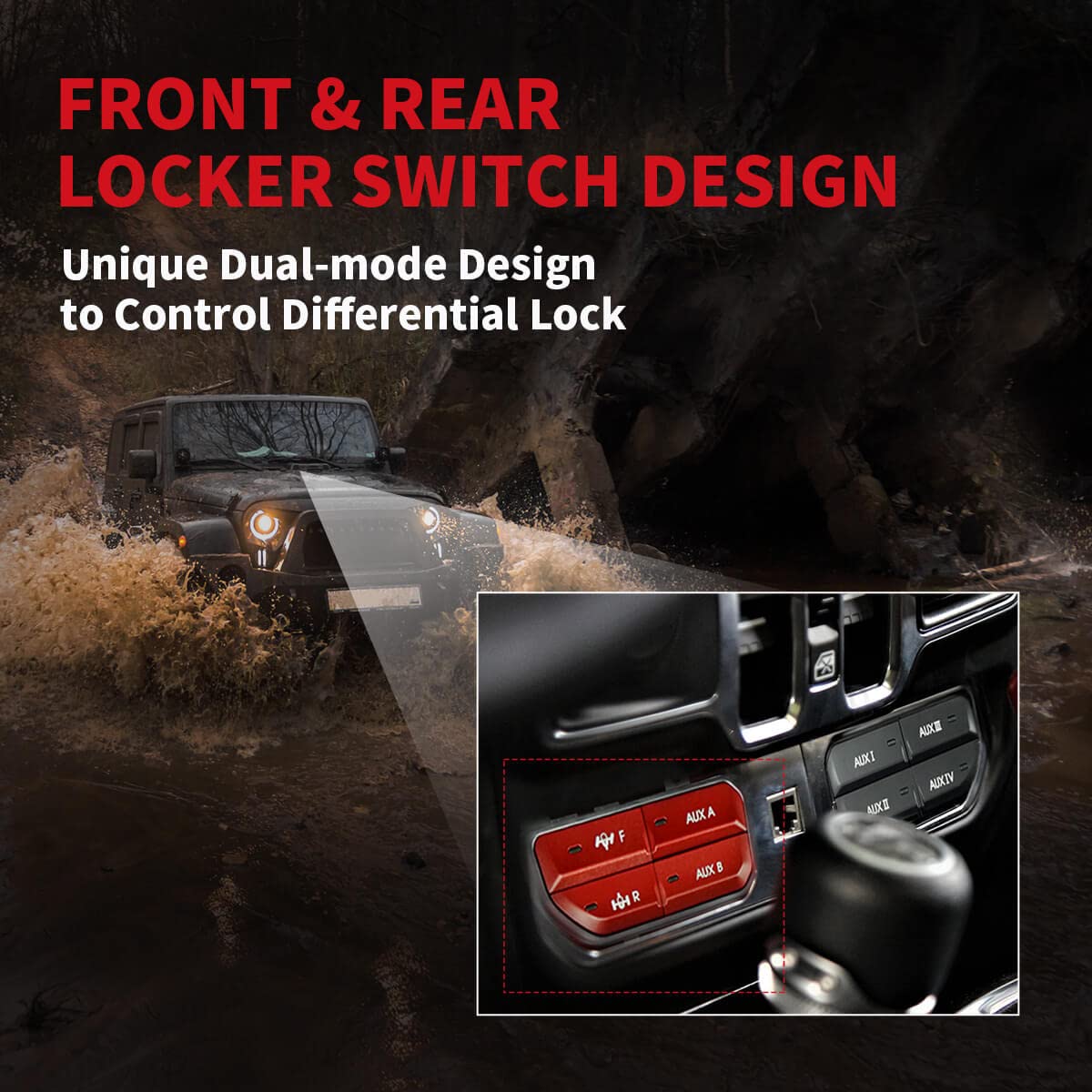 LASFIT Auxiliary Bank Kit, Front & Rear Locker OEM Style Plug&Play Dash Switch Panel for Wrangler JL 2018-2023 & Gladiator JT 2019-2023, Black+Red - Image 6