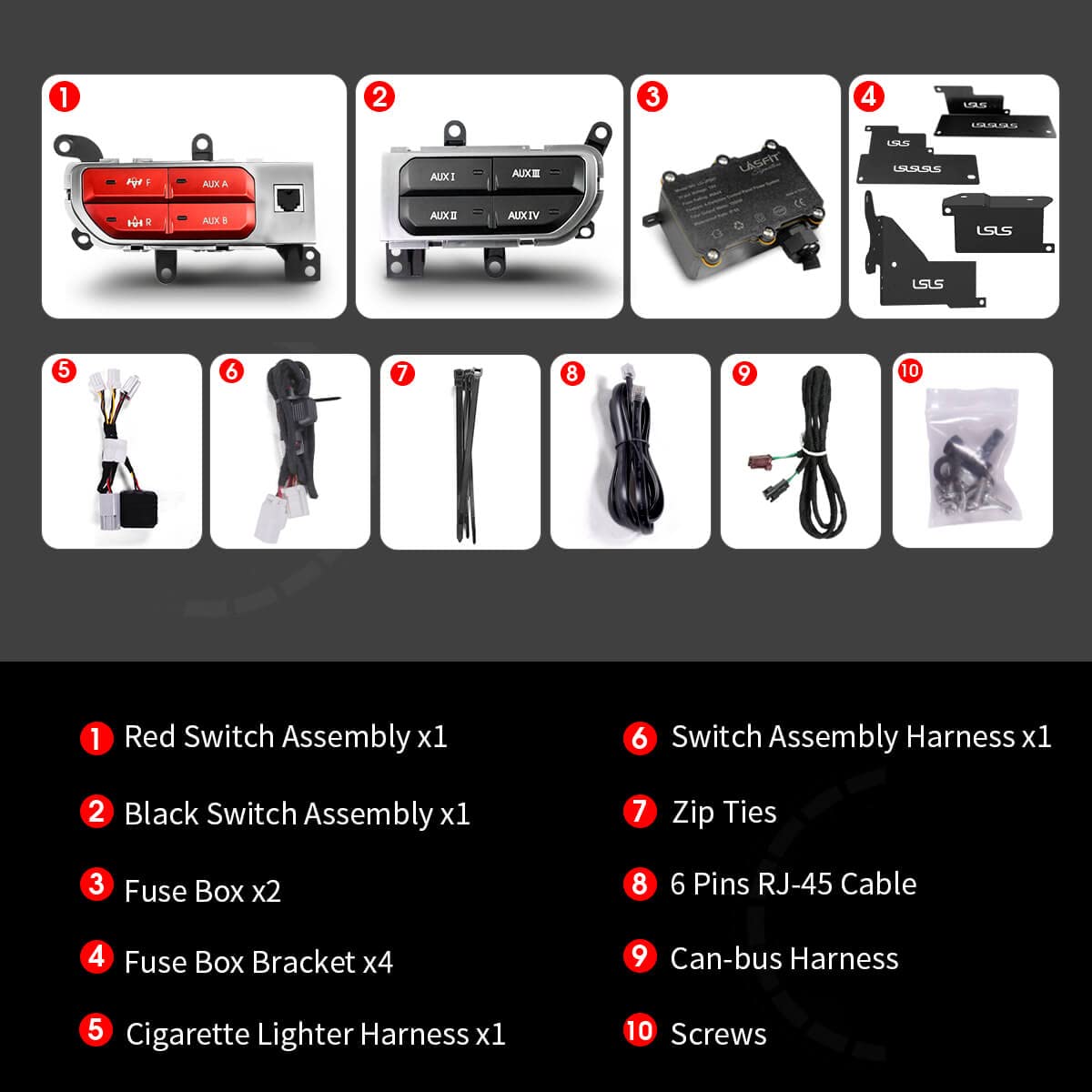 LASFIT Auxiliary Bank Kit, Front & Rear Locker OEM Style Plug&Play Dash Switch Panel for Wrangler JL 2018-2023 & Gladiator JT 2019-2023, Black+Red - Image 9