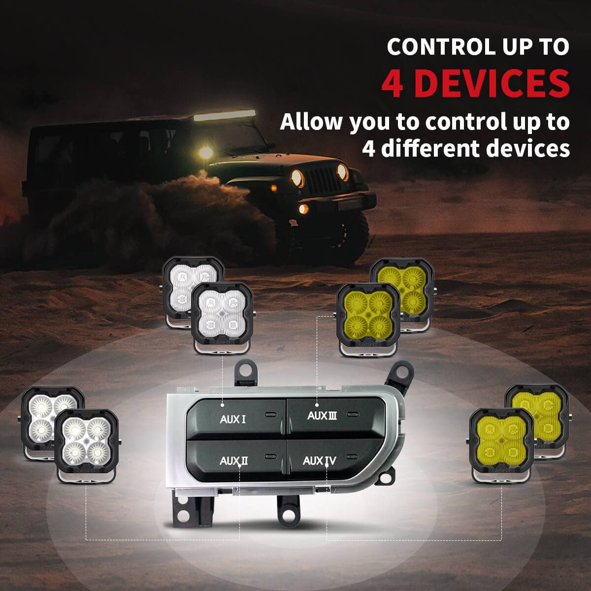 LASFIT Auxiliary Switch Bank Kit, OEM Style Plug&Play Aux Switch Panel Dash 4 Buttons 4x30A for Wrangler JL 2018-2025 & Gladiator JT 2019-2025, Black - Image 3