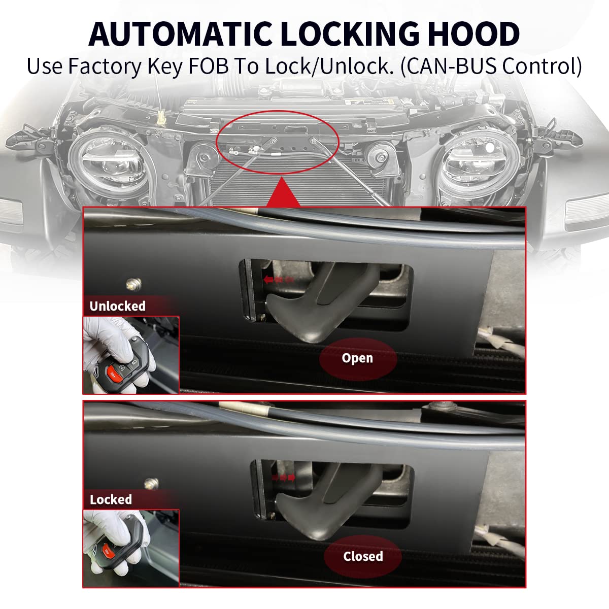 LASFIT Stealth Hood Lock for Wrangler JL/JLU Gladiator JT 2018-2023 Anti Theft Remote Control Hood Latch Locking Automatic - Image 4