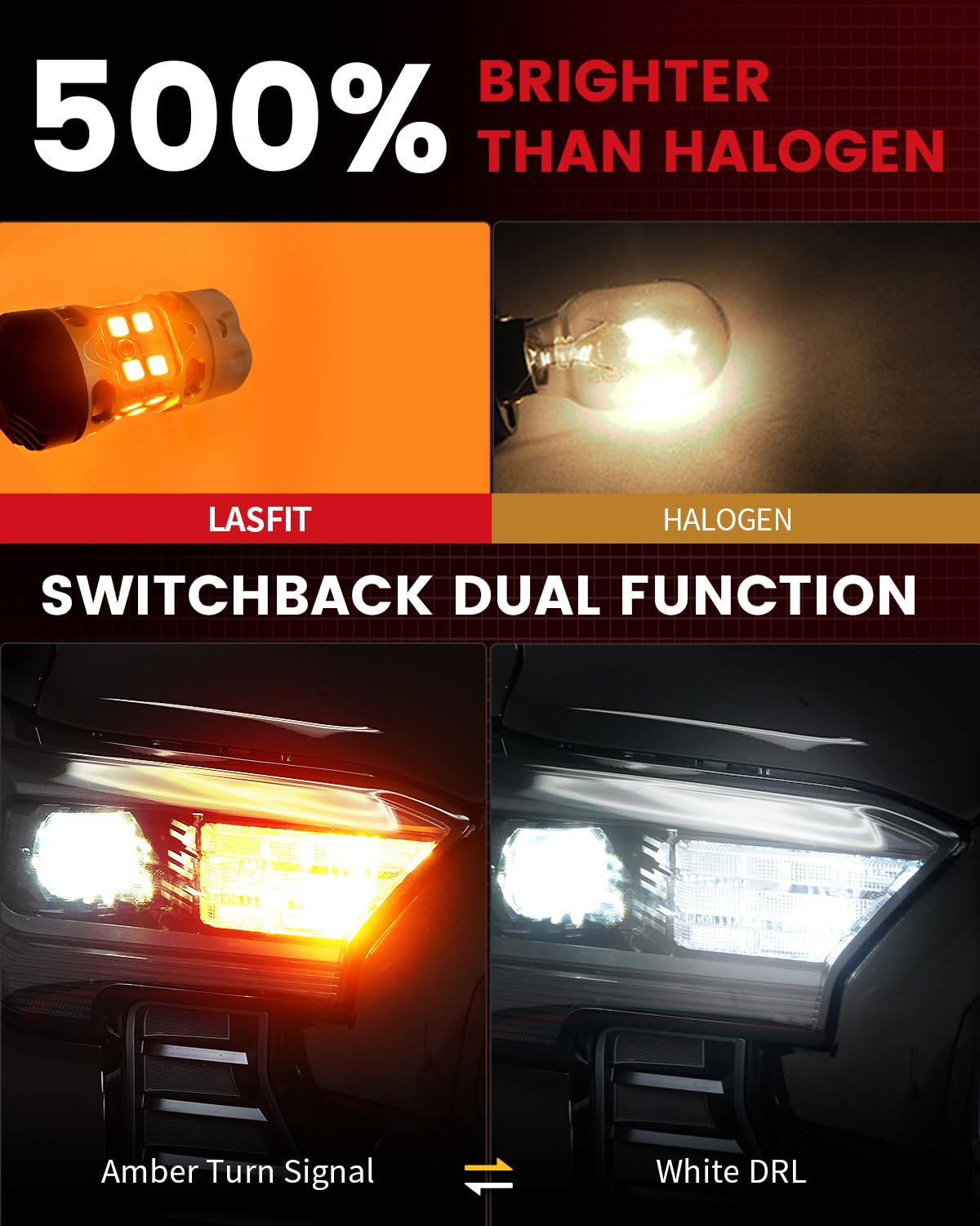 LASFIT Switchback LED Bulb for Toyota Tacoma 4TH Gen 2024-2025 T3 7443 7444na Front Turn Signal Parking Light Built in Resistor 100% Error Free White Amber (2pcs) - Image 4