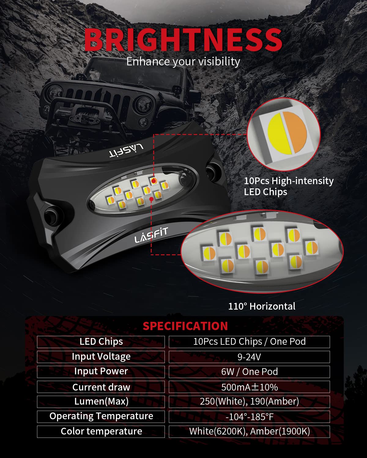 LASFIT Switchback Rock Lights Amber/White 1 Pod Extension Wheel Well Lights Underglow LED Lighting LED Rock Light, fit for LASFIT Only - Image 4