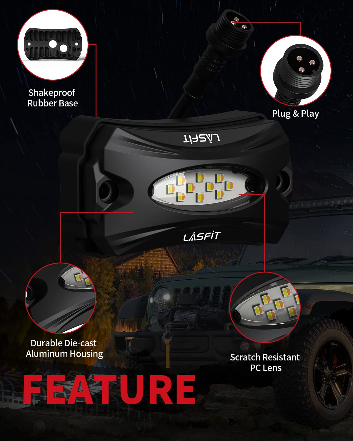 LASFIT Switchback Rock Lights Amber/White 1 Pod Extension Wheel Well Lights Underglow LED Lighting LED Rock Light, fit for LASFIT Only - Image 5