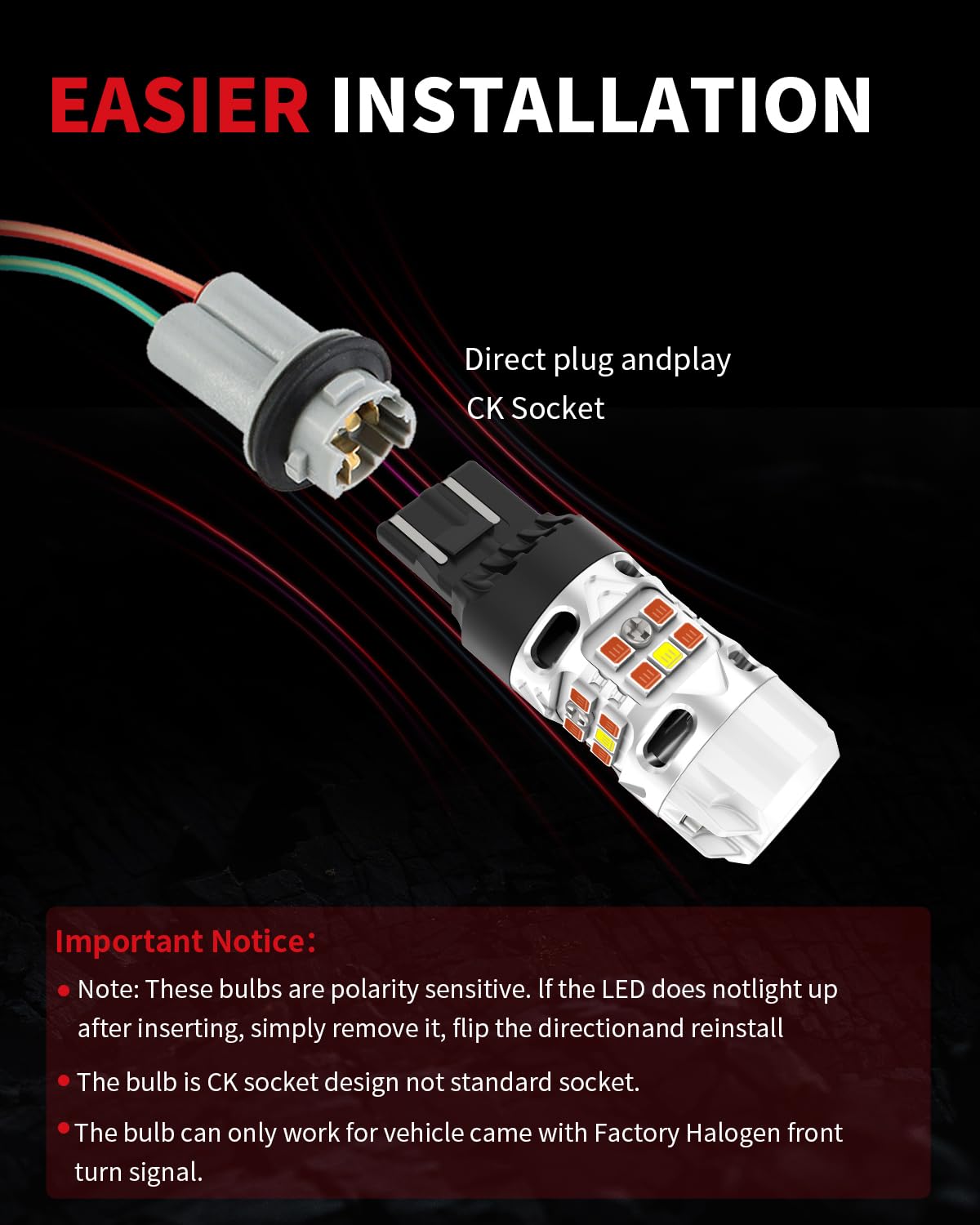 LASFIT T3 7443 CK Switchback LED CanBus Bulb 7444 ONLY for CK Socket Amber/White Front Turn Signal Light Error Free Anti Hyper Flash for GMC Canyon 2015-2022, for Colorado 2015-2022(2pcs) - Image 3