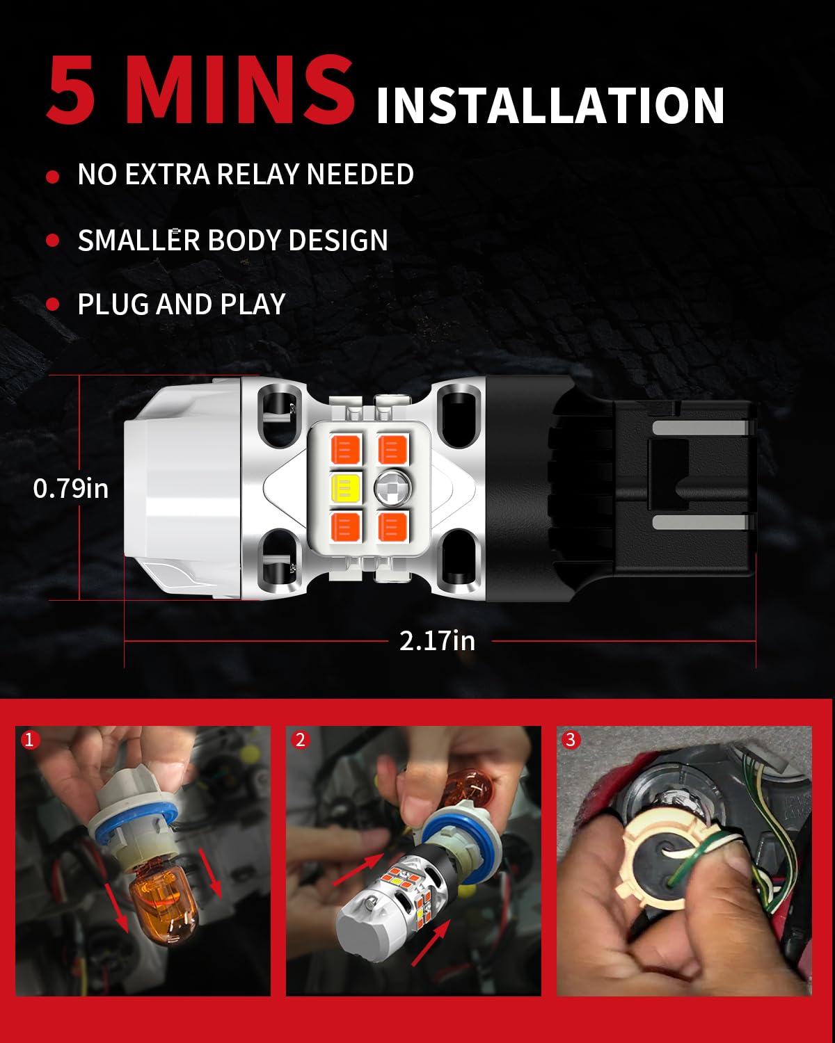 LASFIT T3 7443 Switchback LED Bulb for Toyota Camry 2018-2024 SE/LE/TRD/L, 2025 SE/LE, 2012-2017 All Trims 7444 Front Turn Signal Parking Light 7444NA Built in Resistor Error Free White Amber(2pcs) - Image 3