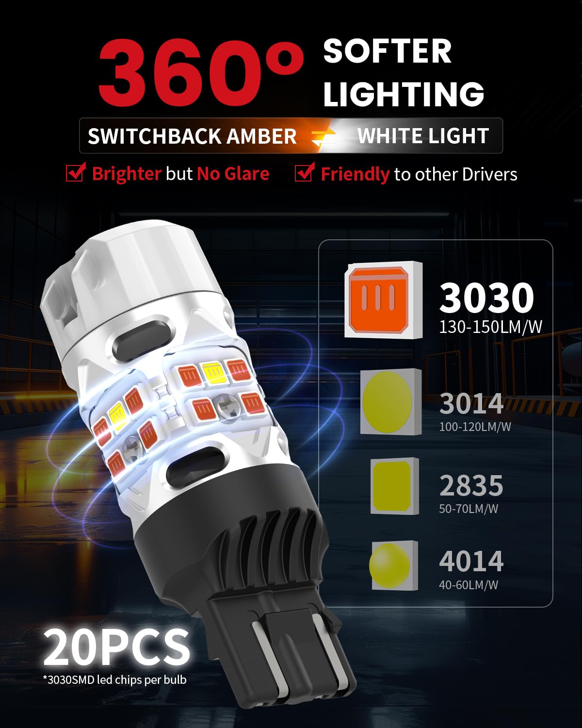 LASFIT T3 7443 Switchback LED Bulb for Toyota Camry 2018-2024 SE/LE/TRD/L, 2025 SE/LE, 2012-2017 All Trims 7444 Front Turn Signal Parking Light 7444NA Built in Resistor Error Free White Amber(2pcs) - Image 6